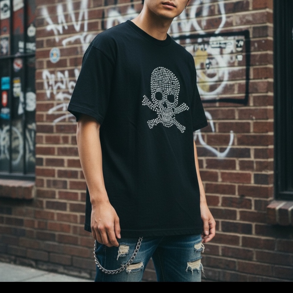 VINTAGE AAA Alstyle Black Rhinestone Skull Crossbone Graphic T-Shirt Y2K Biker L